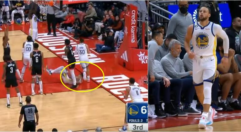 NBA / 【影片】驚出一身冷汗！普爾造成犯規倒地後，頭部不慎與柯瑞腳部相撞，後者被誤傷後一瘸一拐！