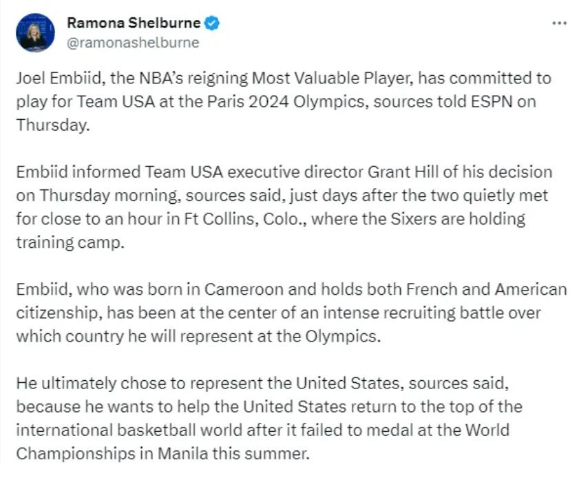 「復仇者」再添一員大將！恩比德決定為美國男籃出戰奧運，法國男籃搶人失敗！-黑特籃球-NBA新聞影音圖片分享社區