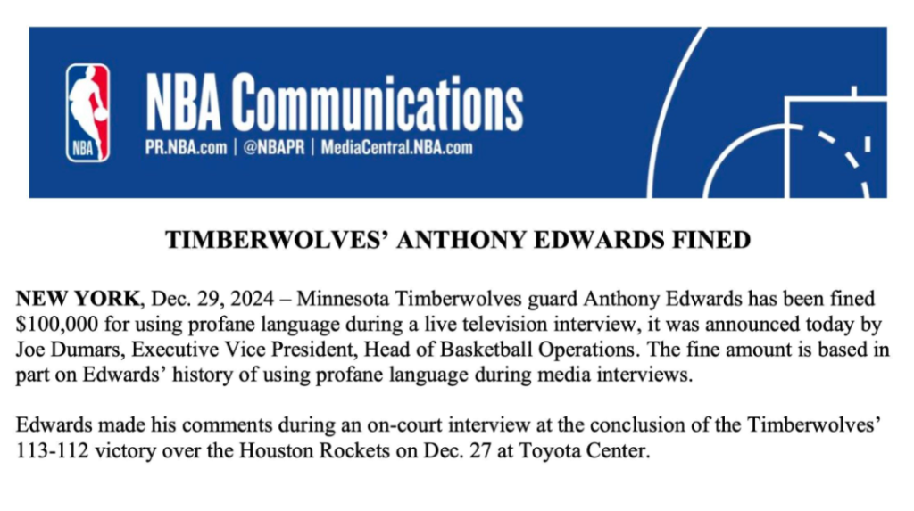 一週兩次被罰!NBA官方公佈:愛德華凖絕殺後再採訪使用粗鄙言語被罰款10萬美元!-黑特籃球-NBA新聞影音圖片分享社區