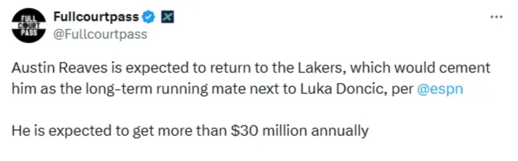 年薪超三千萬!里夫斯預計續約湖人:留在洛杉磯,將長期搭檔東契奇!-黑特籃球-NBA新聞影音圖片分享社區