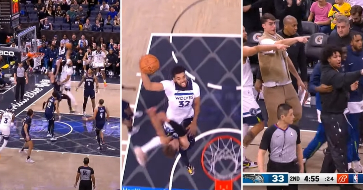 NBA / 【影片】硬起來了！唐斯「滑翔血性隔扣」魔術211公分巨漢，灰狼板凳席全員暴起