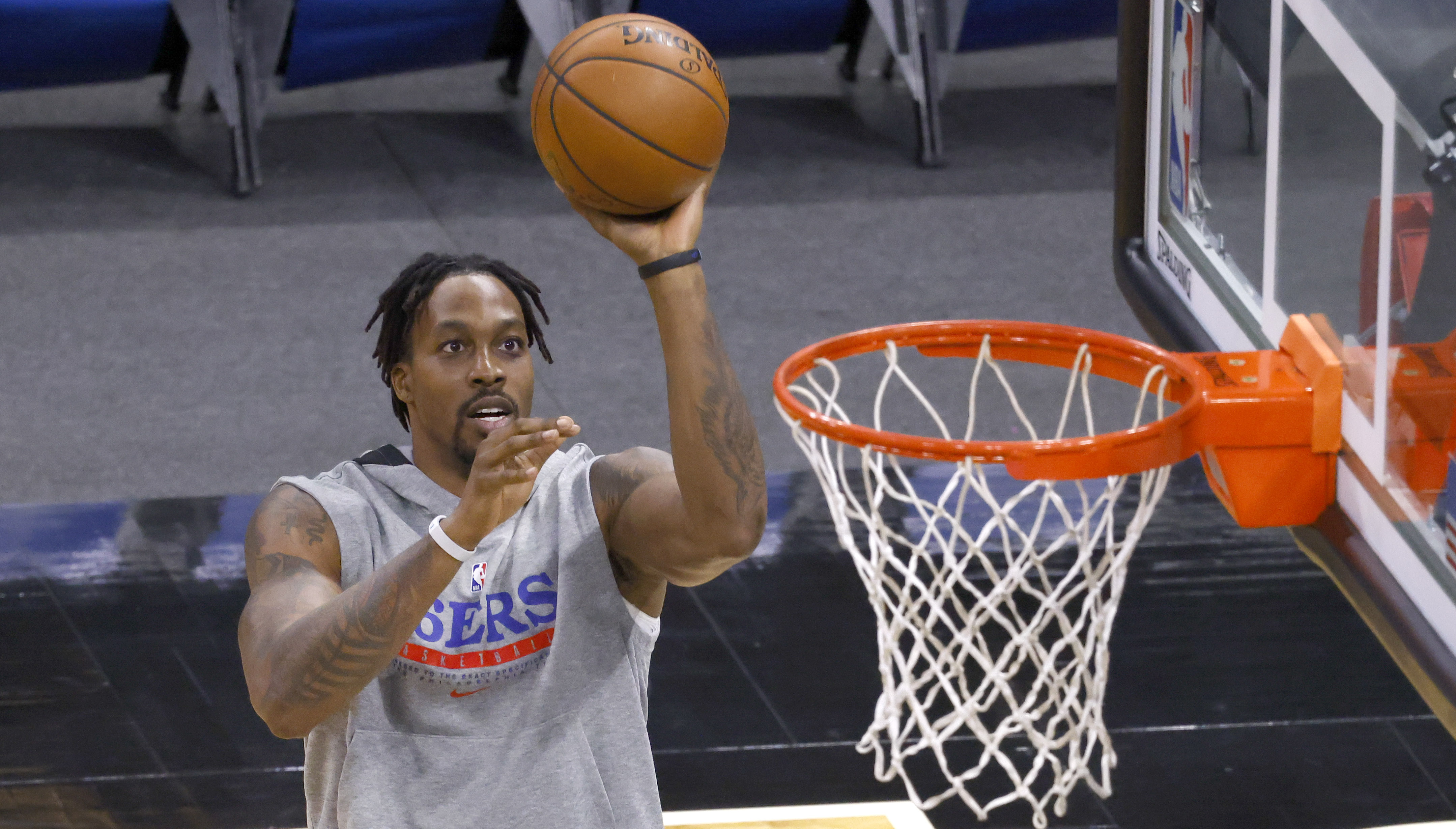 Dec 31, 2020; Orlando, Florida, USA; Philadelphia 76ers center Dwight Howard (39) shoots the ball during warmups before the game against the Orlando Magic at Amway Center. Mandatory Credit: Reinhold Matay-USA TODAY Sports