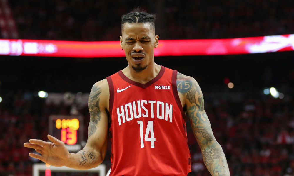 Apr 14, 2019; Houston, TX, USA; Houston Rockets guard Gerald Green (14) reacts after a call during the fourth quarter as Utah Jazz forward Jae Crowder (99) looks on during game one of the first round of the 2019 NBA Playoffs at Toyota Center. Mandatory Credit: Troy Taormina-USA TODAY Sports