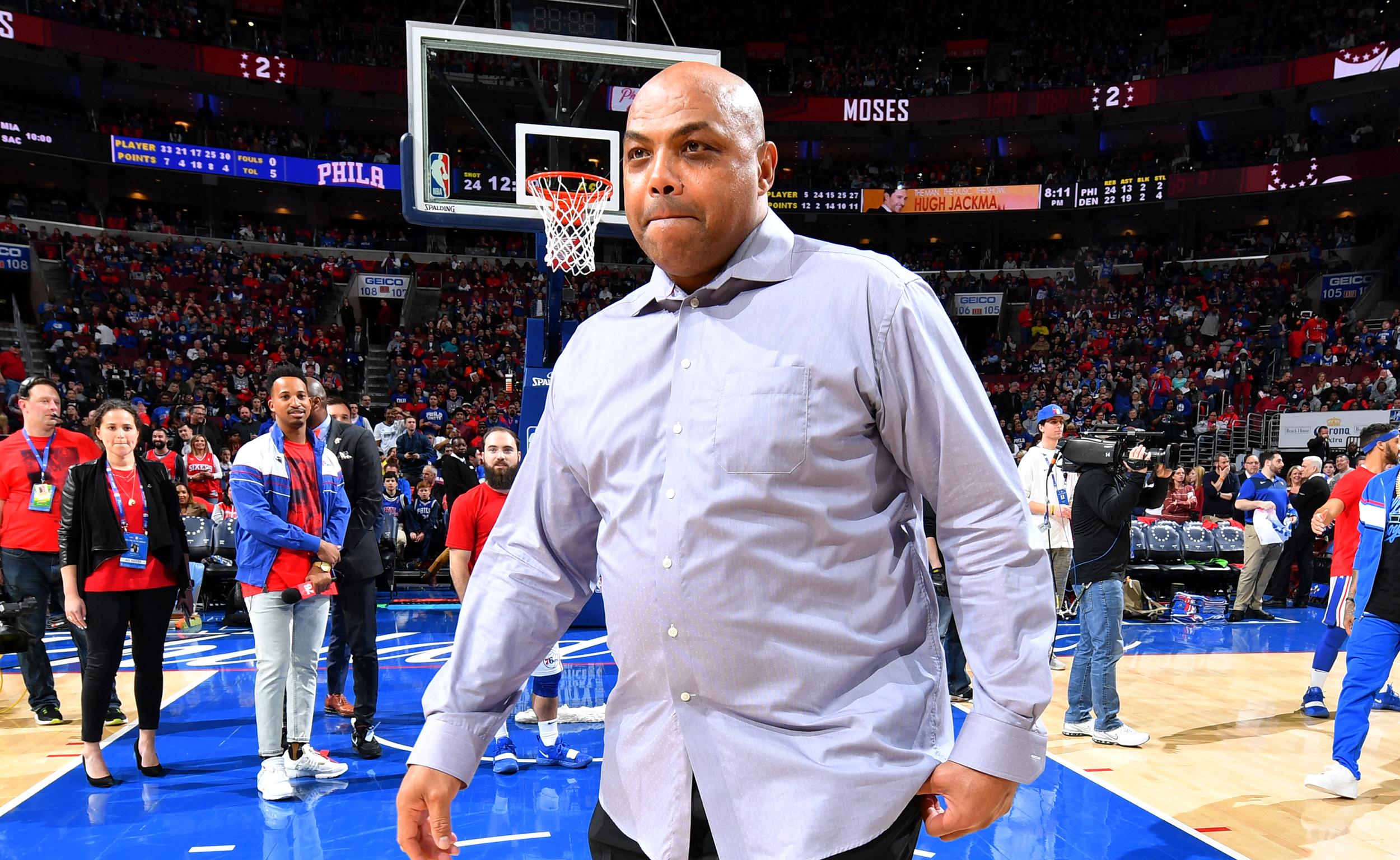 Charles Barkley attends Moses Malone's jersey retirement ceremony on Feb. 8, 2019 at the Wells Fargo Center in Philadelphia, Pa. (Photo by Jesse D. Garrabrant/NBAE via Getty Images)