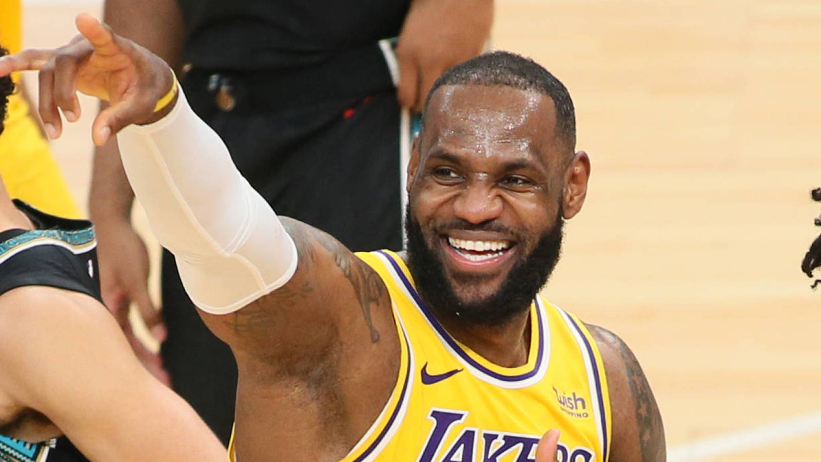 Jan 5, 2021; Memphis, Tennessee, USA; Los Angeles Lakers forward LeBron James (23) celebrates after a game against the Memphis Grizzlies at FedExForum. Mandatory Credit: Nelson Chenault-USA TODAY Sports