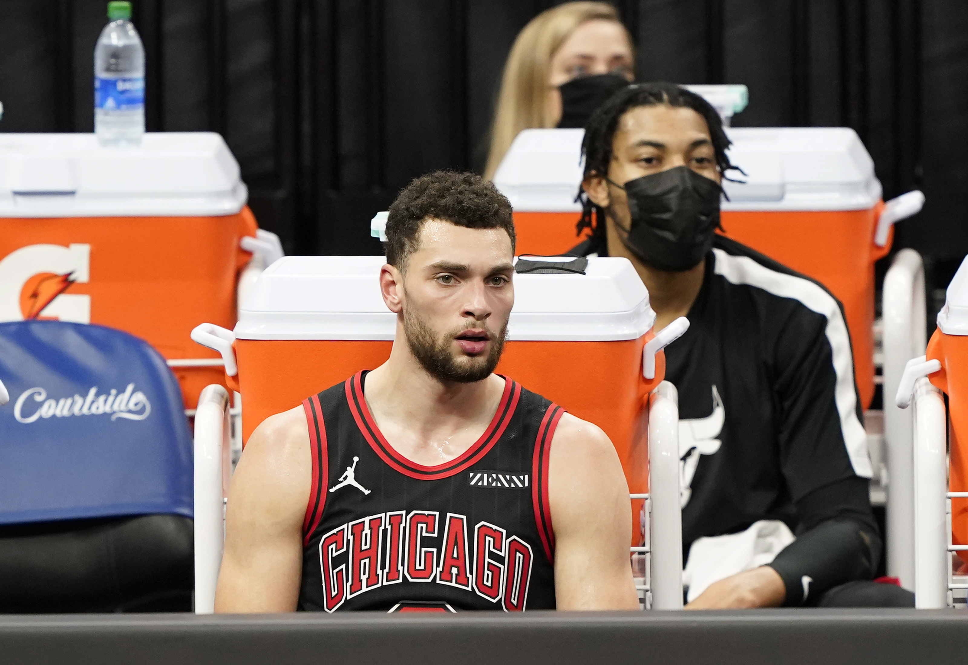 SACRAMENTO, CALIFORNIA - JANUARY 06: Zach LaVine #8 of the Chicago Bulls looks on from the bench against the Sacramento Kings during the first half of an NBA basketball game at Golden 1 Center on January 06, 2021 in Sacramento, California. NOTE TO USER: User expressly acknowledges and agrees that, by downloading and or using this photograph, User is consenting to the terms and conditions of the Getty Images License Agreement. (Photo by Thearon W. Henderson/Getty Images)