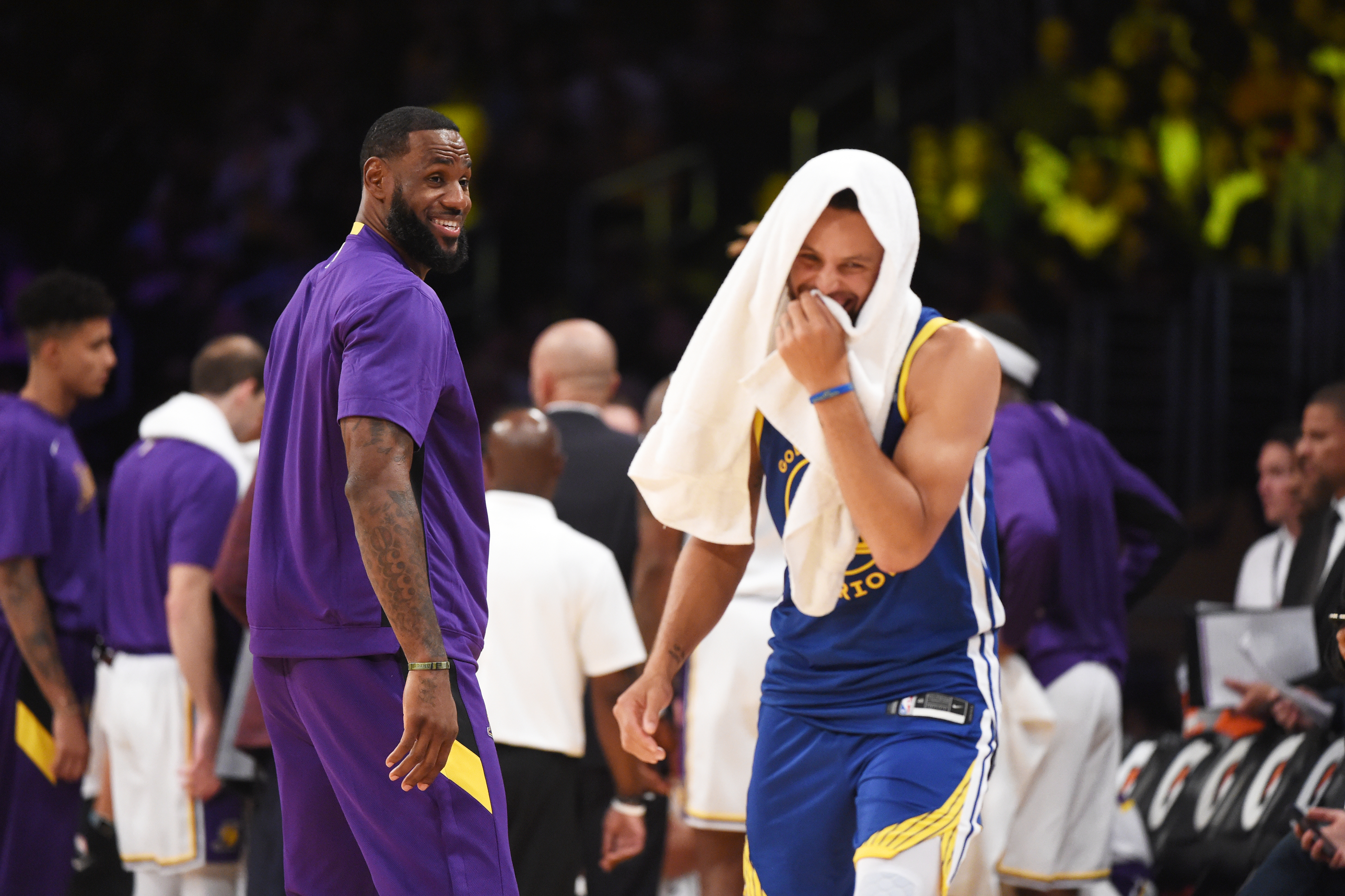 LOS ANGELES, CA - OCTOBER 14: LeBron James #23 of the Los Angeles Lakers smiles during a pre-season game against the Golden State Warriors on October 14, 2019 at STAPLES Center in Los Angeles, California. NOTE TO USER: User expressly acknowledges and agrees that, by downloading and/or using this Photograph, user is consenting to the terms and conditions of the Getty Images License Agreement. Mandatory Copyright Notice: Copyright 2019 NBAE (Photo by Adam Pantozzi/NBAE via Getty Images)