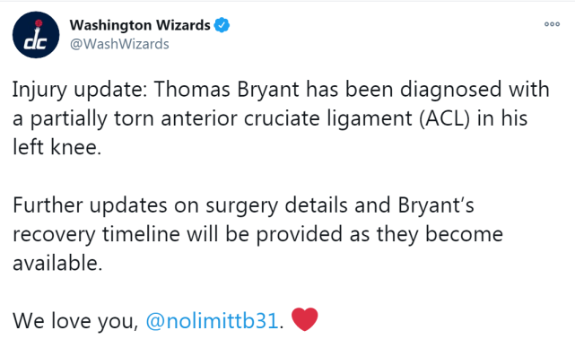 【影片】賽季報銷!23歲中鋒Bryant左膝十字韌帶撕裂,巫師排名墊底又雪上加霜!-黑特籃球-NBA新聞影音圖片分享社區
