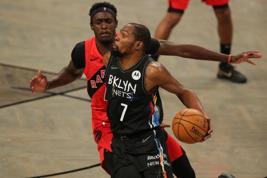 FILE PHOTO: Feb 5, 2021; Brooklyn, New York, USA; Brooklyn Nets power forward Kevin Durant (7) drives with the ball against Toronto Raptors power forward Pascal Siakam (43) during the second quarter at Barclays Center. Mandatory Credit: Brad Penner-USA TODAY Sports