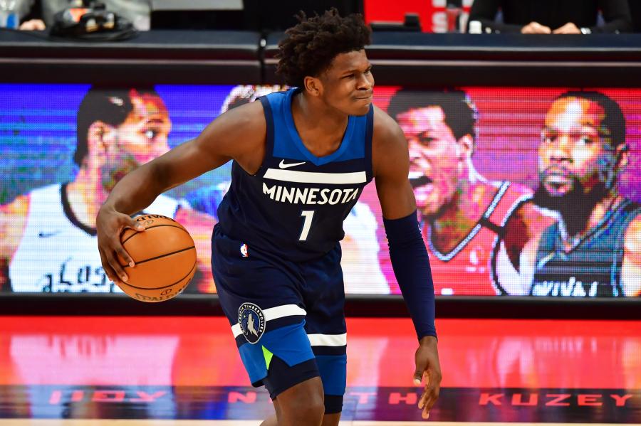TAMPA, FLORIDA - FEBRUARY 14: Anthony Edwards #1 of the Minnesota Timberwolves looks on during a game against the Toronto Raptors at Amalie Arena on February 14, 2021 in Tampa, Florida. (Photo by Julio Aguilar/Getty Images)