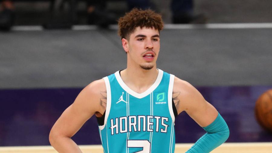 Feb 24, 2021; Phoenix, Arizona, USA; Charlotte Hornets guard LaMelo Ball (2) against the Phoenix Suns in the second half at Phoenix Suns Arena. Mandatory Credit: Mark J. Rebilas-USA TODAY Sports