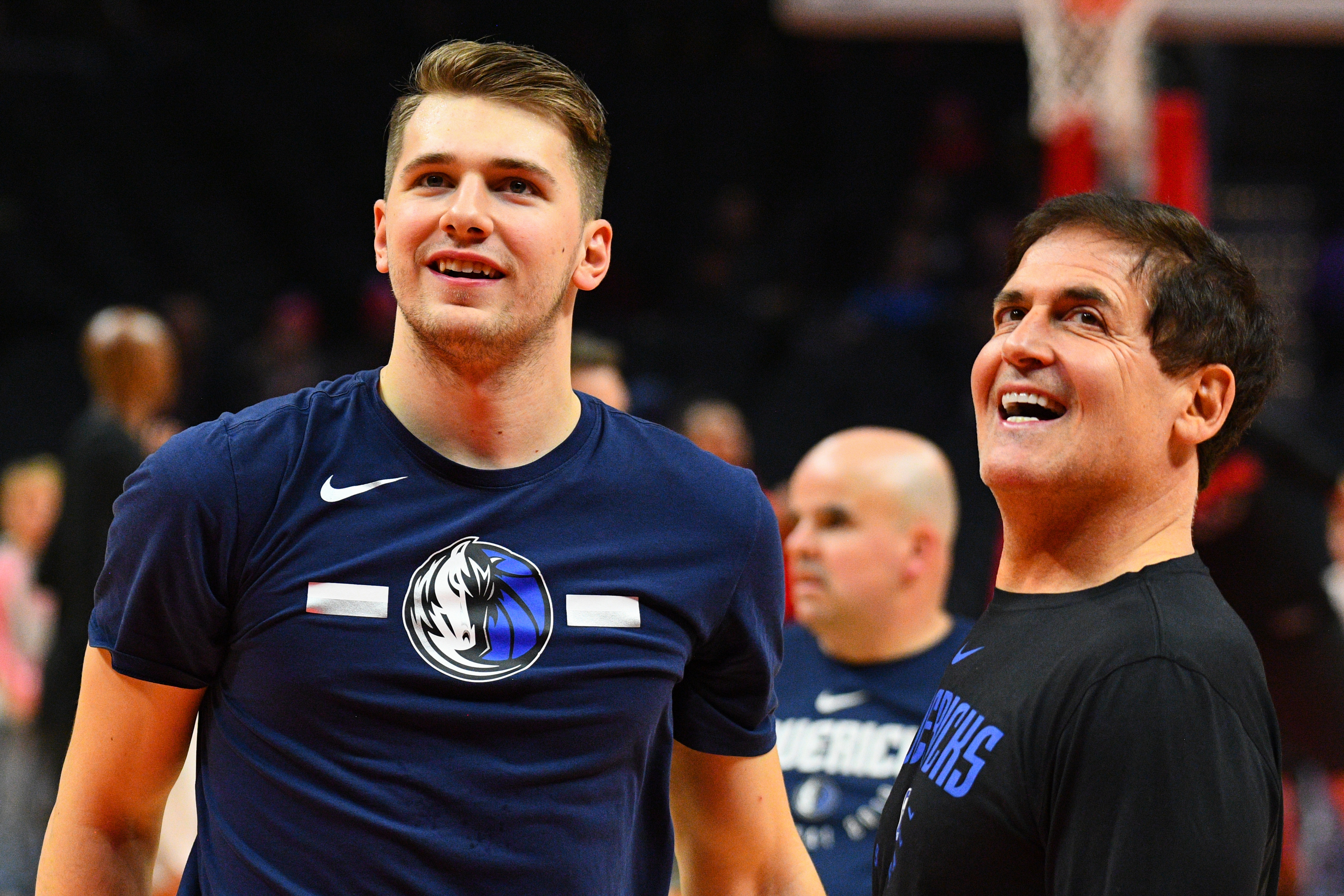LOS ANGELES, CA - DECEMBER 20: Dallas Mavericks Guard Luka Doncic (77) looks on with owner Mark Cuban before a NBA game between the Dallas Mavericks and the Los Angeles Clippers on December 20, 2018 at STAPLES Center in Los Angeles, CA. (Photo by Brian Rothmuller/Icon Sportswire via Getty Images)