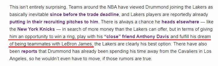 希望來了!湖人跟隊記者列出推動Drummond加盟湖人的3大原因-黑特籃球-NBA新聞影音圖片分享社區