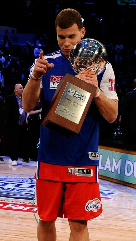 Blake Griffin points and holds his 2011 Sprite NBA slam dunk contest trophy  - Clippers News Surge NBA Gallery - Los Angeles Clippers Pictures & Photos