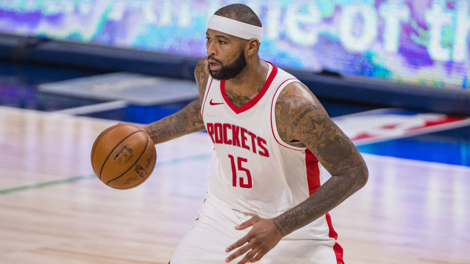 Jan 23, 2021; Dallas, Texas, USA; Houston Rockets center DeMarcus Cousins (15) looks to pass the ball during the second half against the Dallas Mavericks at the American Airlines Center. Mandatory Credit: Jerome Miron-USA TODAY Sports
