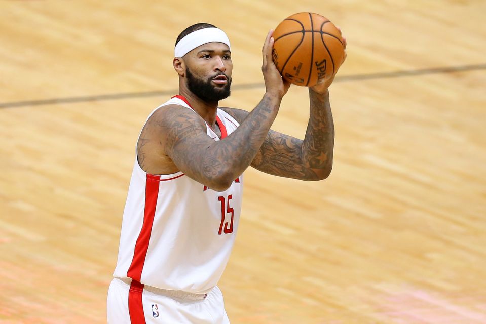 NEW ORLEANS, LOUISIANA - FEBRUARY 09: DeMarcus Cousins #15 of the Houston Rockets shoots against the New Orleans Pelicans during the first half at the Smoothie King Center on February 09, 2021 in New Orleans, Louisiana. NOTE TO USER: User expressly acknowledges and agrees that, by downloading and or using this Photograph, user is consenting to the terms and conditions of the Getty Images License Agreement. (Photo by Jonathan Bachman/Getty Images)