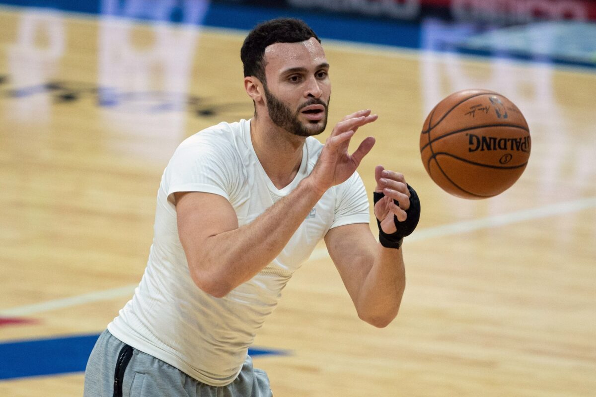 Feb 27, 2021; Philadelphia, Pennsylvania, USA; Cleveland Cavaliers forward Larry Nance Jr. warms up before a game against the Philadelphia 76ers at Wells Fargo Center. Mandatory Credit: Bill Streicher-USA TODAY Sports