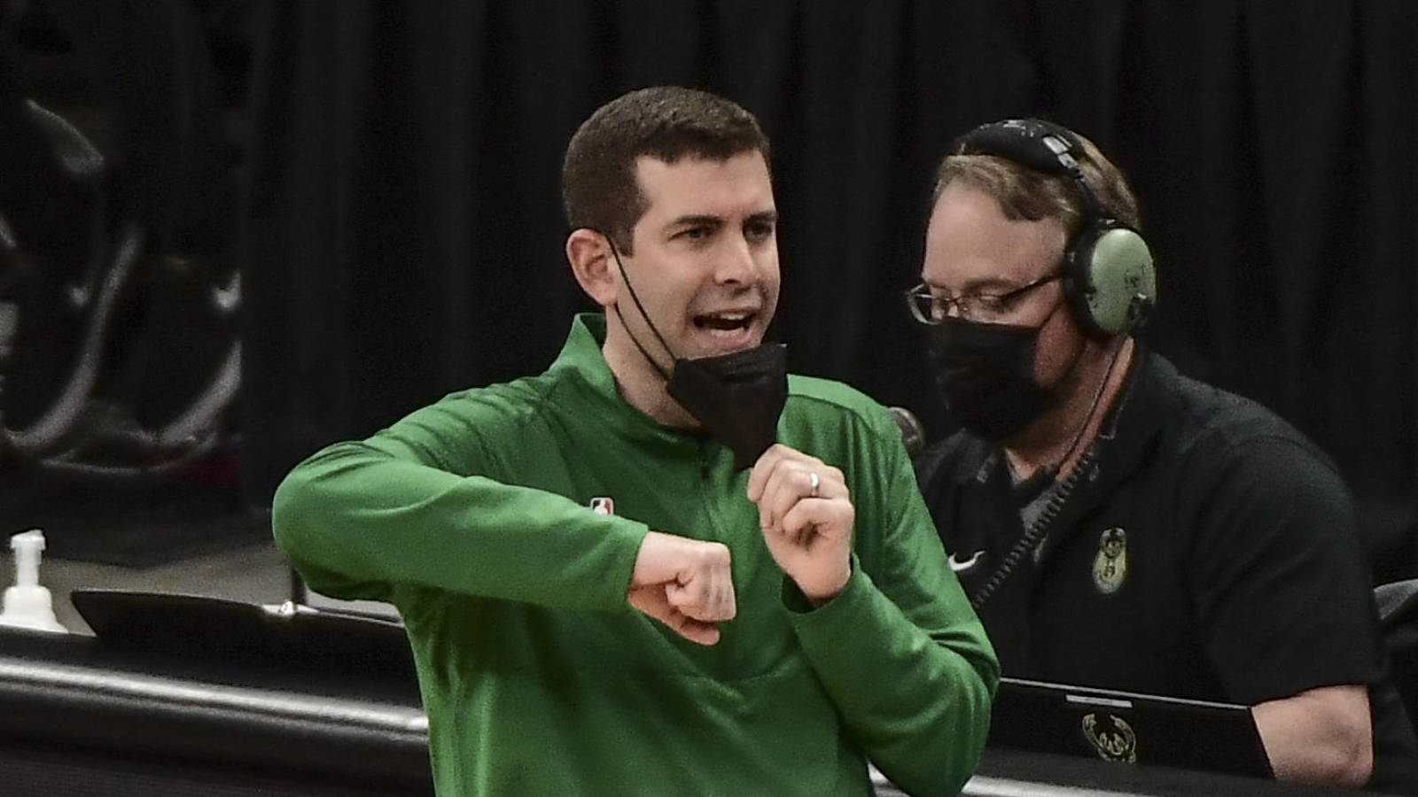 Mar 26, 2021; Milwaukee, Wisconsin, USA; Boston Celtics head coach Brad Stevens reacts in the second quarter during the game against the Milwaukee Bucks at Fiserv Forum. Mandatory Credit: Benny Sieu-USA TODAY Sports