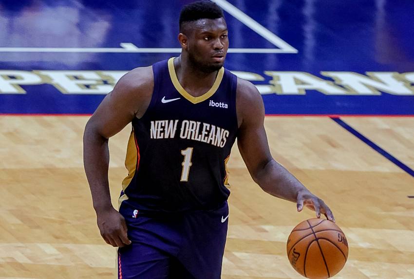 Mar 23, 2021; New Orleans, Louisiana, USA; New Orleans Pelicans forward Zion Williamson (1) brings the ball up court against Los Angeles Lakers during the second half at Smoothie King Center. Mandatory Credit: Stephen Lew-USA TODAY Sports