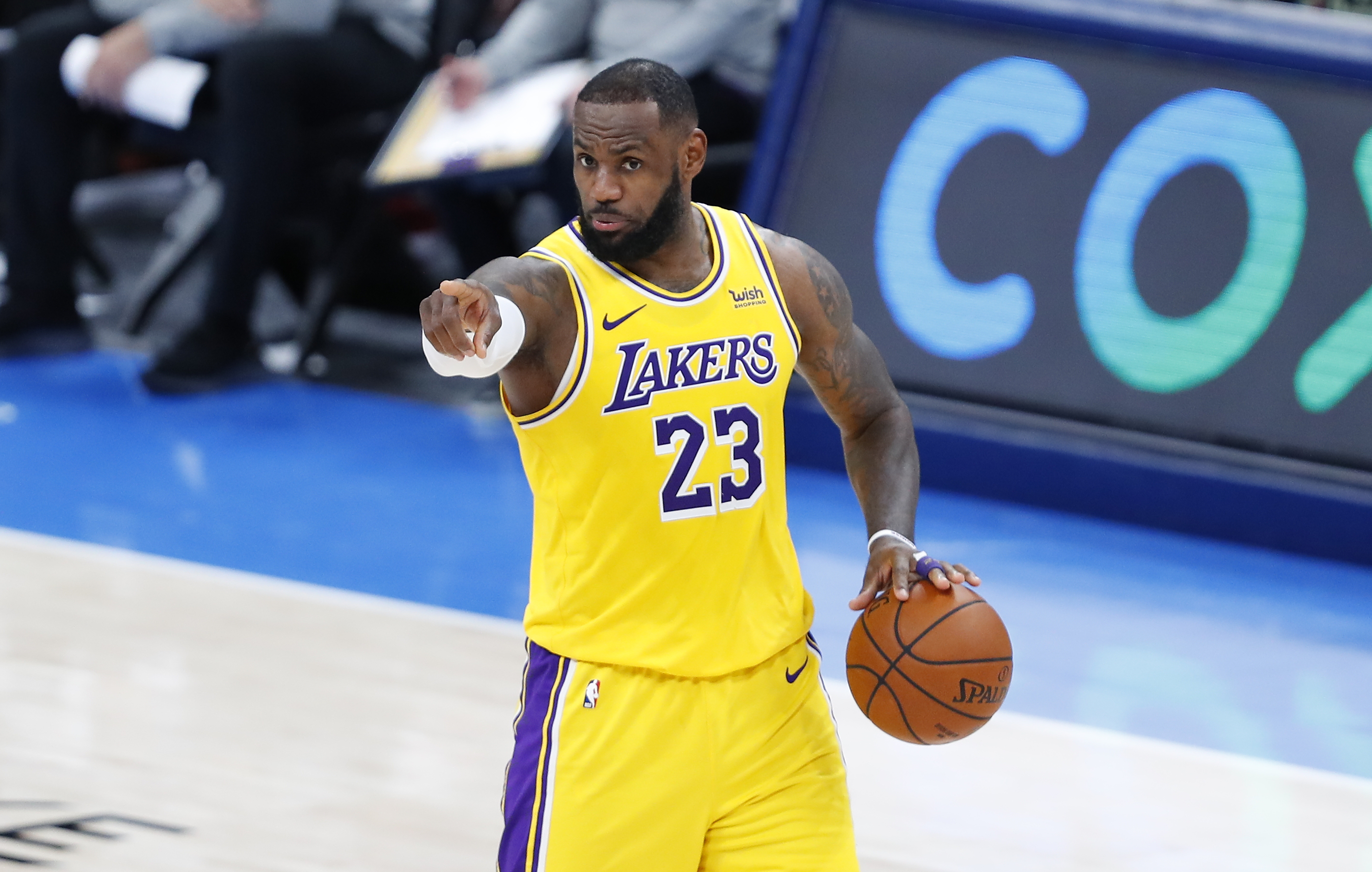 Jan 13, 2021; Oklahoma City, Oklahoma, USA; Los Angeles Lakers forward LeBron James (23) gestures against the Oklahoma City Thunder during the second half at Chesapeake Energy Arena. Mandatory Credit: Alonzo Adams-USA TODAY Sports