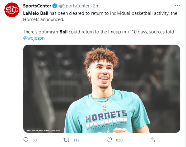 NBA名記:三球已取下石膏恢復籃球活動,7-10天或復出!黃蜂穩前八再加碼-黑特籃球-NBA新聞影音圖片分享社區