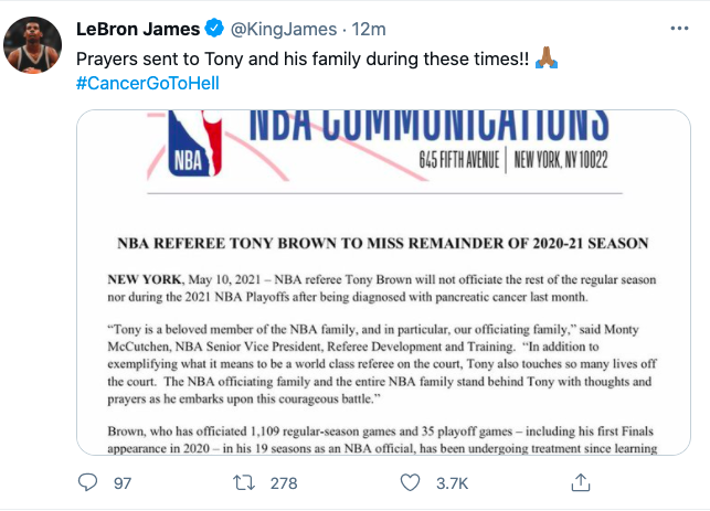 千場名哨罹患胰腺癌！詹姆斯發推祈禱 聯盟：整個NBA都在你身後