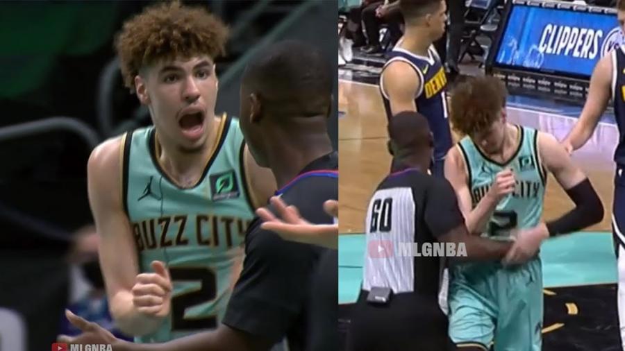 LaMelo Ball gets a T for moving the referee's arm 👀 Nuggets vs Hornets - YouTube