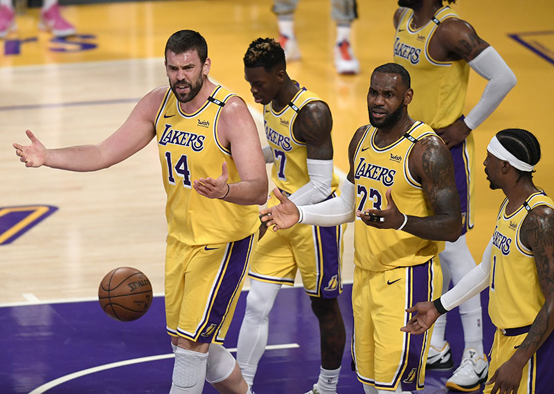 LOS ANGELES, CALIFORNIA – JUNE 03: Marc Gasol #14 and LeBron James #23 of the Los Angeles Lakers argue a Gasol foul in the third quarter during against the Phoenix Suns game