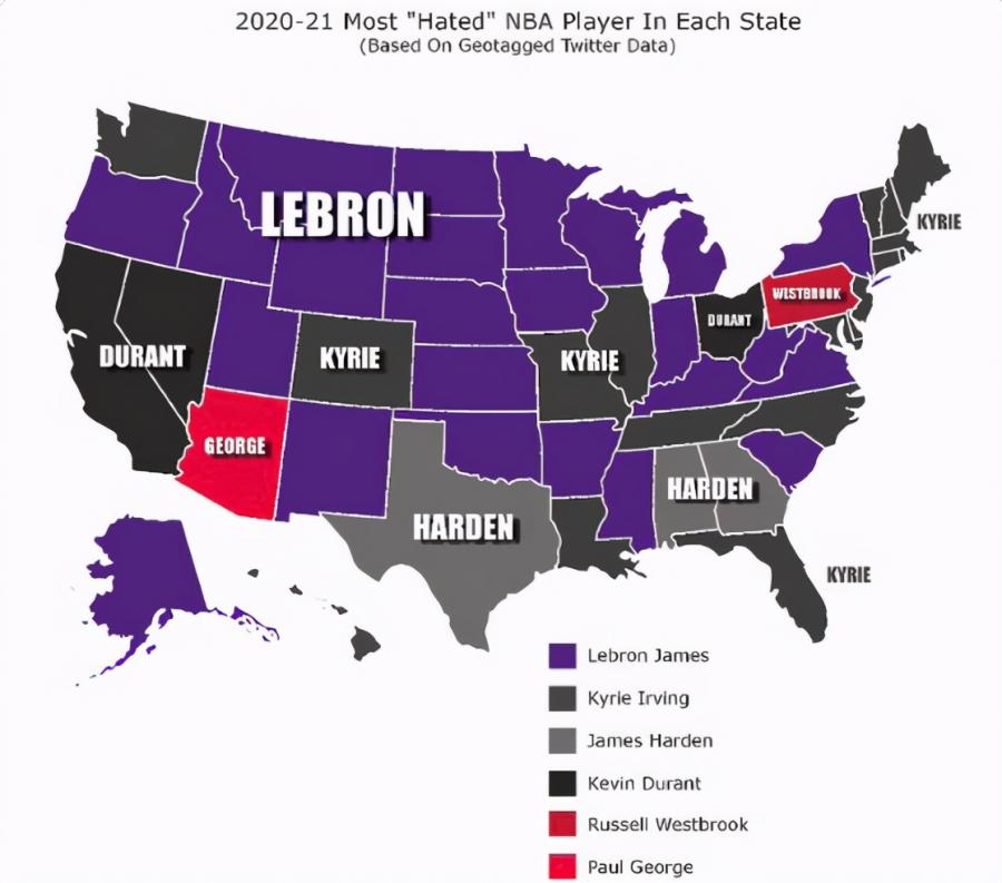 美媒統計令人討厭的球員，詹姆斯獨佔24州，竟和籃網三巨頭齊平