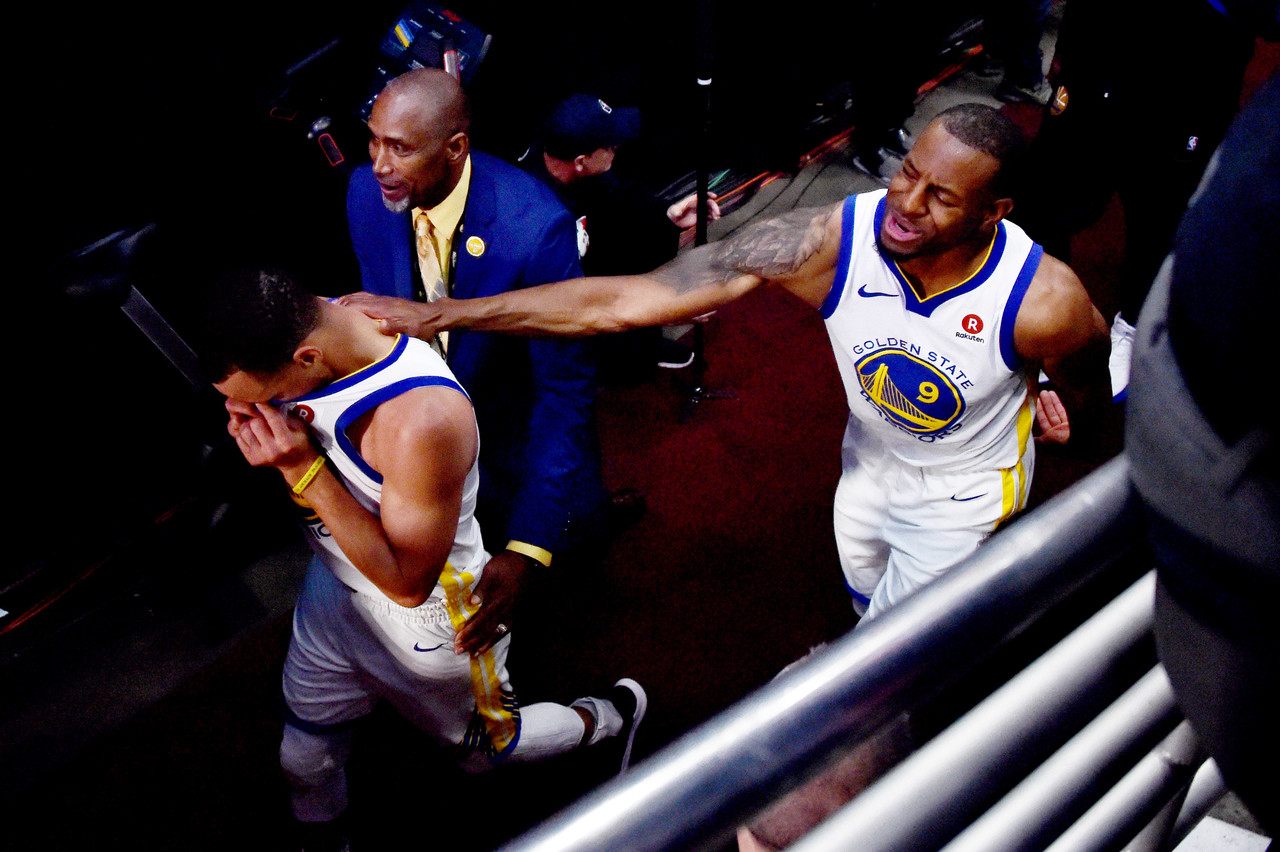 Jun 6, 2018; Cleveland, OH, USA; Golden State Warriors guard Stephen Curry (30) and forward Andre Iguodala (9) celebrate after defeating the Cleveland Cavaliers in game three of the 2018 NBA Finals at Quicken Loans Arena. Mandatory Credit: Ken Blaze-USA TODAY Sports