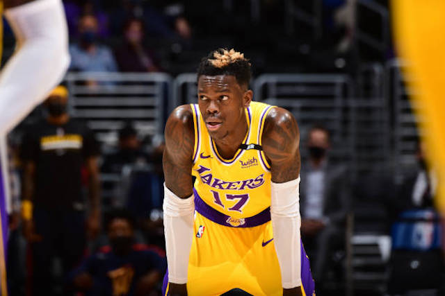 LOS ANGELES, CA - MAY 19: Dennis Schroder #17 of the Los Angeles Lakers looks on during the 2021 NBA Play-In Tournament on May 19, 2021 at STAPLES Center in Los Angeles, California. NOTE TO USER: User expressly acknowledges and agrees that, by downloading and/or using this Photograph, user is consenting to the terms and conditions of the Getty Images License Agreement. Mandatory Copyright Notice: Copyright 2021 NBAE (Photo by Adam Pantozzi/NBAE via Getty Images)