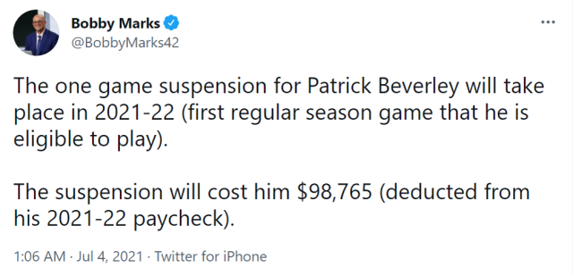 NBA官宣！貝弗利推倒保羅生涯首遭禁賽，薪金損失近10萬美元