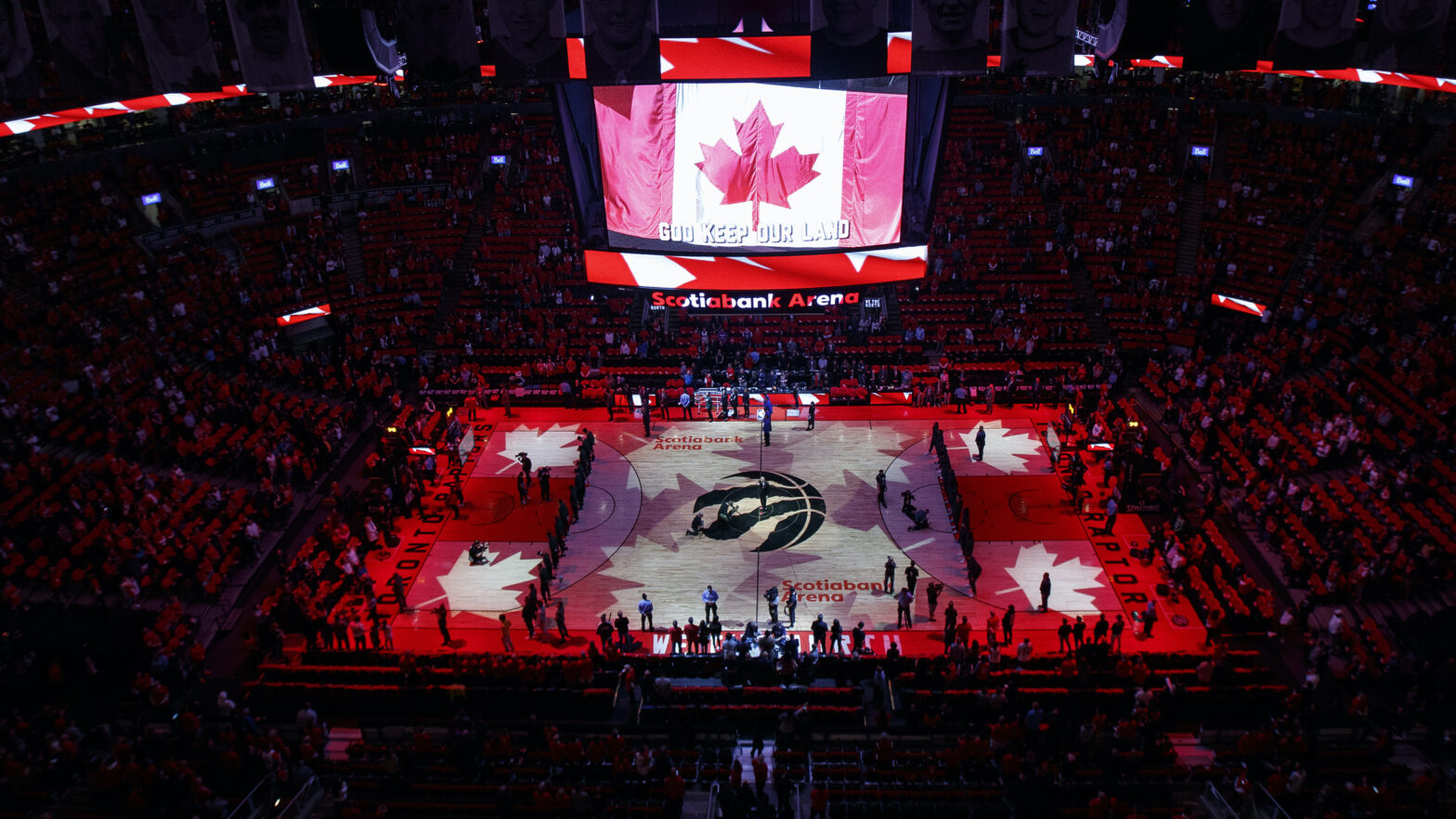 TORONTO, CANADA - MAY 19: Wide angle view of the arena during player introductions before Game Three of the Eastern Conference Finals of the 2019 NBA Playoffs on May 19, 2019 at the Scotiabank Arena in Toronto, Ontario, Canada. NOTE TO USER: User expressly acknowledges and agrees that, by downloading and or using this Photograph, user is consenting to the terms and conditions of the Getty Images License Agreement. Mandatory Copyright Notice: Copyright 2019 NBAE (Photo by Mark Blinch/NBAE via Getty Images)