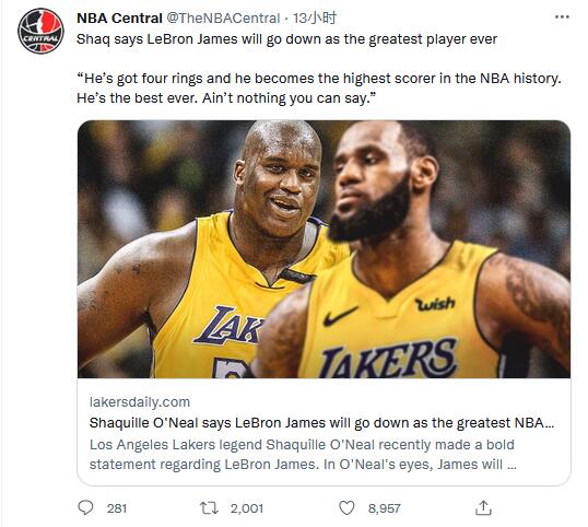 超越喬丹?歐尼爾贊詹姆斯:只要他拿到NBA總得分王,他就是歷史第一人!-黑特籃球-NBA新聞影音圖片分享社區