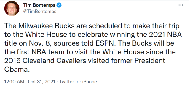 公鹿計劃11月9日訪問白宮!此前4屆冠軍均未前往,去年湖人被迫取消!-黑特籃球-NBA新聞影音圖片分享社區