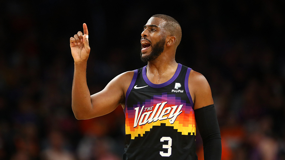 Oct 20, 2021; Phoenix, Arizona, USA; Phoenix Suns guard Chris Paul (3) reacts against the Denver Nuggets at Footprint Center. Mandatory Credit: Mark J. Rebilas-USA TODAY Sports