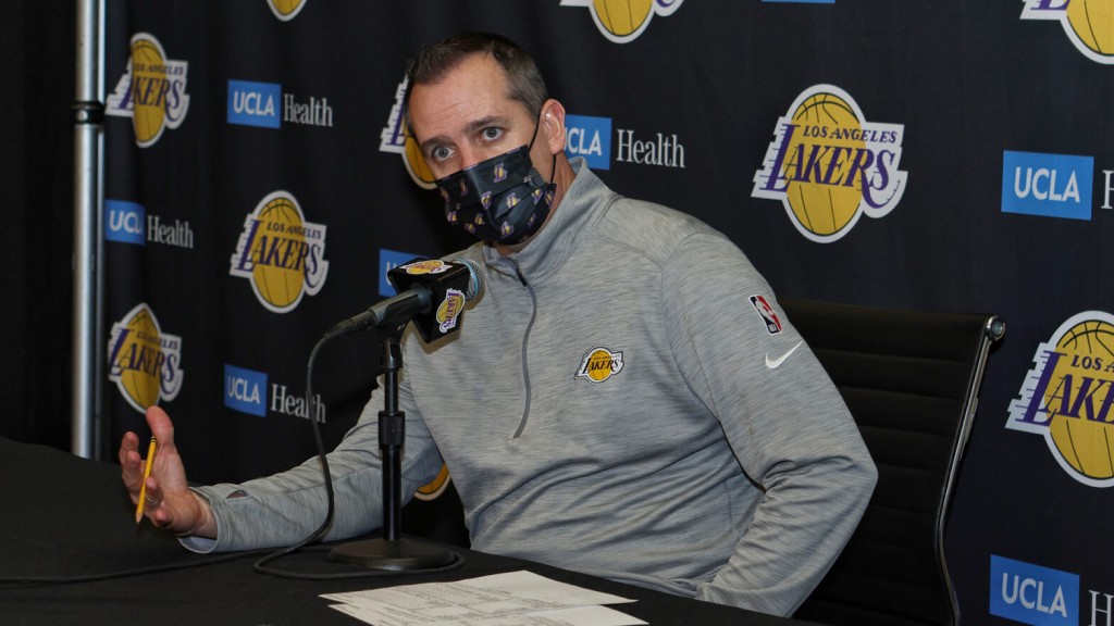 LOS ANGELES, CA - JANUARY 4: Head Coach Frank Vogel of the Los Angeles Lakers talks to the press after the game against the Sacramento Kings on January 4, 2022 at STAPLES Center in Los Angeles, California. NOTE TO USER: User expressly acknowledges and agrees that, by downloading and/or using this Photograph, user is consenting to the terms and conditions of the Getty Images License Agreement. Mandatory Copyright Notice: Copyright 2022 NBAE (Photo by Jim Poorten/NBAE via Getty Images)