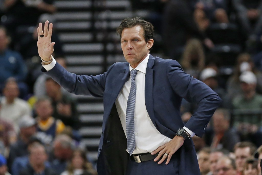 Utah Jazz coach Quin Snyder directs the team during the first half of an NBA basketball game against the Sacramento Kings on Saturday, Jan. 18, 2020, in Salt Lake City. (AP Photo/Rick Bowmer)