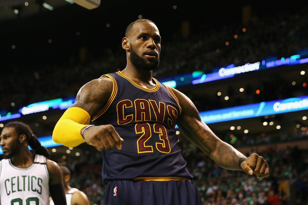 BOSTON, MA - MAY 25:  LeBron James #23 of the Cleveland Cavaliers celebrates his dunk in the third quarter against the Boston Celtics on during Game Five of the 2017 NBA Eastern Conference Finals at TD Garden on May 25, 2017 in Boston, Massachusetts. NOTE TO USER: User expressly acknowledges and agrees that, by downloading and or using this photograph, User is consenting to the terms and conditions of the Getty Images License Agreement.  (Photo by Elsa/Getty Images)
