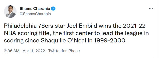 Embiid鎖定本賽季得分王!歐尼爾後首位中鋒獲此殊榮,NBA歷史上首位國際球員!-黑特籃球-NBA新聞影音圖片分享社區