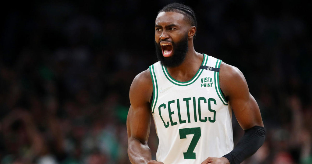 BOSTON, MASSACHUSETTS - MAY 15: Jaylen Brown #7 of the Boston Celtics reacts during the third quarter in Game Seven of the 2022 NBA Playoffs Eastern Conference Semifinals against the Milwaukee Bucks at TD Garden on May 15, 2022 in Boston, Massachusetts. NOTE TO USER: User expressly acknowledges and agrees that, by downloading and/or using this photograph, User is consenting to the terms and conditions of the Getty Images License Agreement. (Photo by Adam Glanzman/Getty Images)