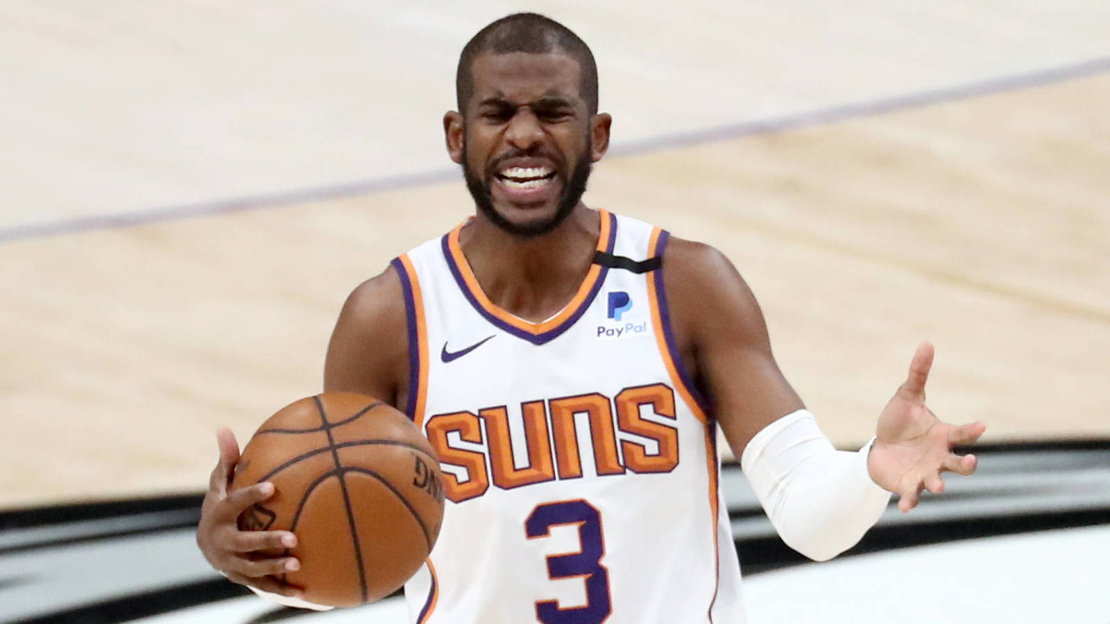 Feb 1, 2021; Dallas, Texas, USA; Phoenix Suns guard Chris Paul (3) reacts during the first half against the Dallas Mavericks at American Airlines Center. Mandatory Credit: Kevin Jairaj-USA TODAY Sports