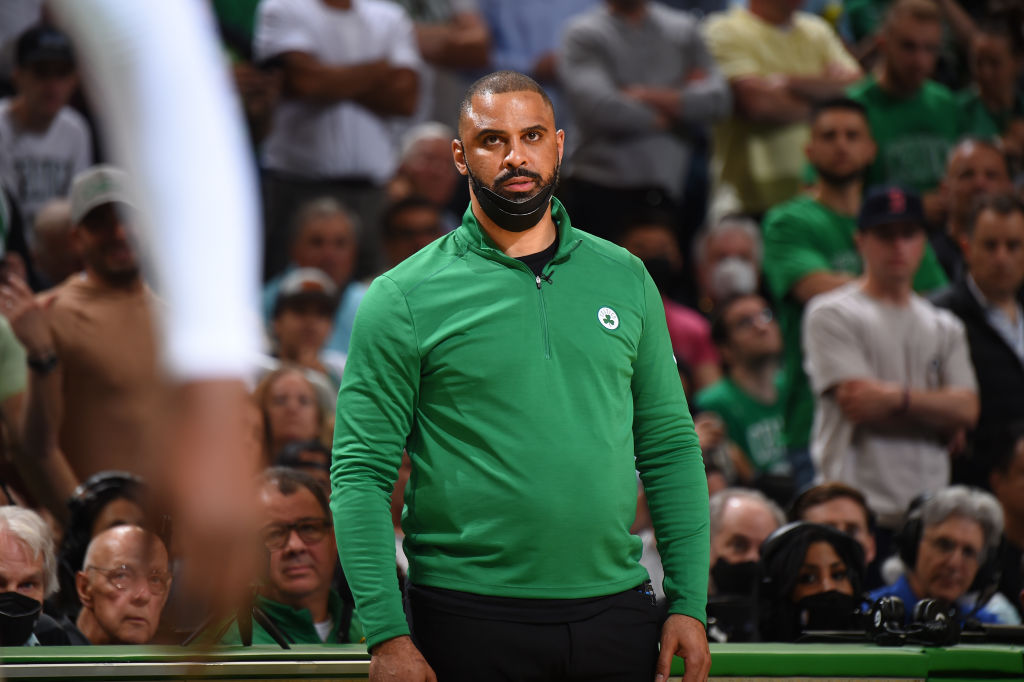 BOSTON, MA - MAY 27: Head Coach Ime Udoka of the Boston Celtics looks on during Game 6 of the 2022 NBA Playoffs Eastern Conference Finals against the Miami Heat on May 27, 2022 at the TD Garden in Boston, Massachusetts. NOTE TO USER: User expressly acknowledges and agrees that, by downloading and or using this photograph, User is consenting to the terms and conditions of the Getty Images License Agreement. Mandatory Copyright Notice: Copyright 2022 NBAE (Photo by Brian Babineau/NBAE via Getty Images)