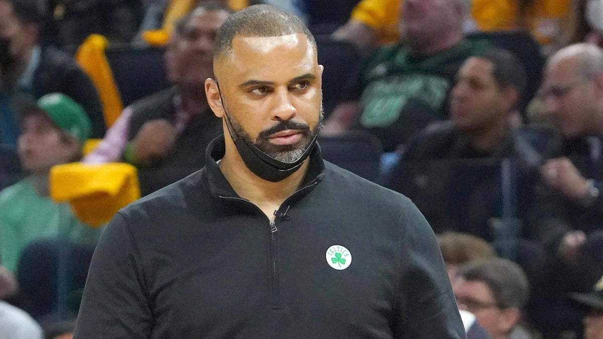 Jun 2, 2022; San Francisco, California, USA; Boston Celtics head coach Ime Udoka looks on during the first half in game one of the 2022 NBA Finals against the Golden State Warriors at Chase Center. Mandatory Credit: Kyle Terada-USA TODAY Sports
