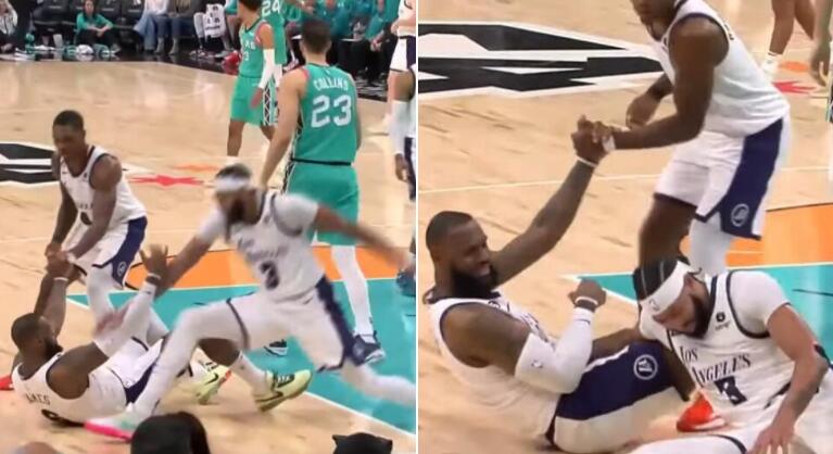 NBA / 【影片】心里一驚！詹姆斯摔倒後，一眉哥去拉反而劈叉摔倒，所幸並無大礙！