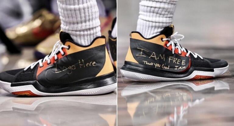 NBA / 不再是Nike代言人！厄文今日在球鞋貼膠帶遮擋舊Logo，寫新內容為招募新廠商？