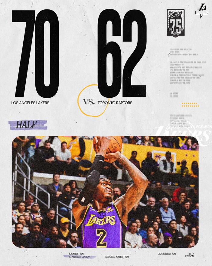 NBA / 半場戰報 | 復出就爆發！羅素5分鐘策動23-9狂潮，連續打停暴龍，湖人半場反超8分！（影）-黑特籃球-NBA新聞影音圖片分享社區