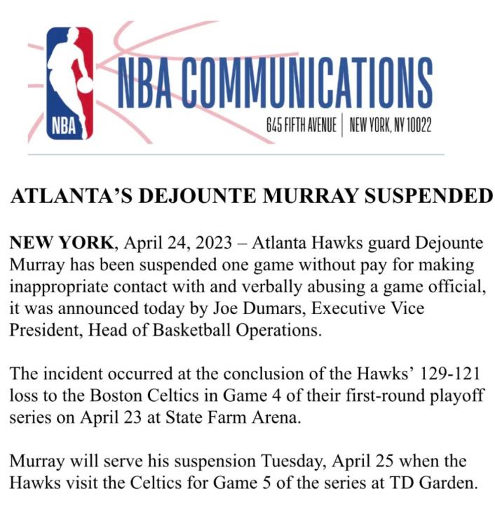 穆雷被禁賽一場!NBA官宣調查結果:穆雷頂撞裁判還喋喋不休,遭禁賽無緣生死戰!-黑特籃球-NBA新聞影音圖片分享社區