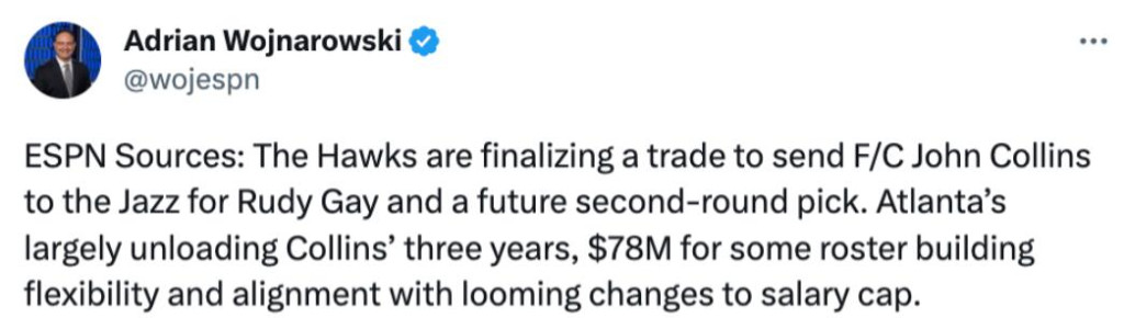 NBA / 老鷹與爵士達成交易!科林斯奔赴猶他組豪華鋒線,老鷹得到蓋伊+次輪籤!-黑特籃球-NBA新聞影音圖片分享社區